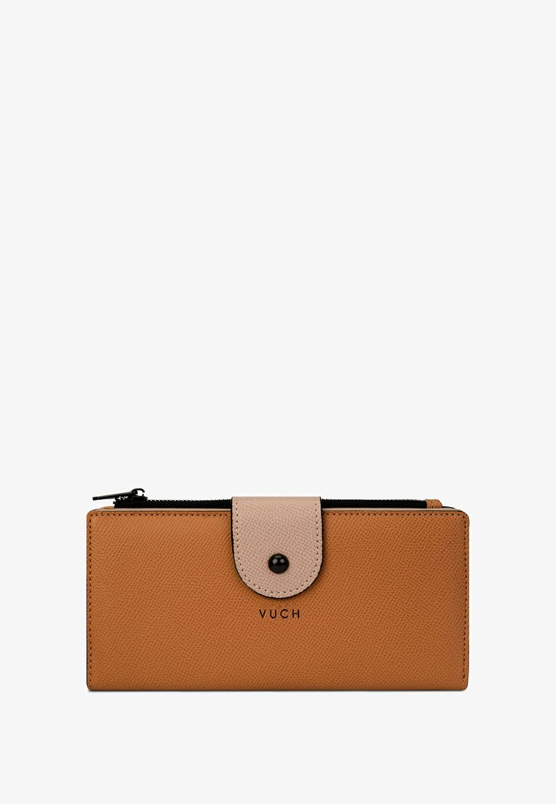 Tan leather wallet with a smooth texture, black zipper closure, and a beige snap flap. Features embossed "VUCH" logo on the front.