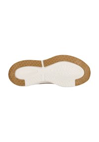 Schuhsohle mit einer weißen Zwischensohle und einer strukturierten braunen Gummisohle mit einem Wabenmuster, die Traktion und Haltbarkeit bietet.
