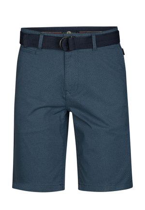 Blauwe gestructureerde korte broek met een donkerblauwe stoffen riem en metalen ringgesp, ritssluiting aan de voorkant en zijzakken, gepresenteerd op een witte achtergrond.