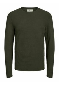 Mørkegrøn, langærmet sweater med rund hals, lavet af struktureret stof med et subtilt vævet mønster.