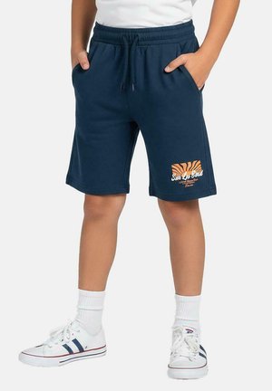 Marineblauwe katoenen korte broek met een elastische tailleband, zijzakken en een voorkant met een zonnenontwerp in oranje.