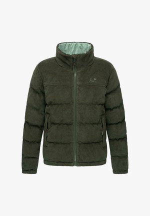 Olive green corduroy puffer jacket with a high collar, zip closure, two side pockets, ribbed cuffs, and a light green inner lining.