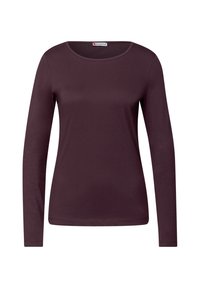 Dlouhý rukáv top v tmavě burgundské barvě, s kulatým výstřihem a hladkým, elastickým materiálem. Žádné vzory ani kovové detaily nejsou viditelné.