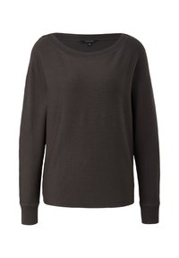 Pull marron foncé à manches longues avec un col large. Comprend des poignets côtelés et un tissu texturé. Design simple et coupe décontractée.