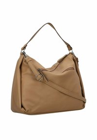 Sac à main en cuir tan au design décontracté, doté d'une bandoulière et d'une sangle de travers ajustable, ainsi que d'une poche zippée à l'avant.