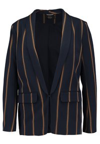 Marynarka w kolorze granatowym z pionowymi brązowymi paskami, z klasycznym kołnierzem, dwiema przednimi kieszeniami oraz otwartym przodem. Gładka faktura.