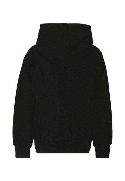 Felpa nera con una consistenza morbida, maniche lunghe e un grande cappuccio. Presenta polsini e orlo a coste, mostrando un design semplice e senza ornamenti.