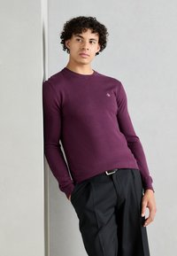Maglione a maniche lunghe con collo a girocollo in maglia color bordeaux, con un piccolo logo sul petto. Abbinato a pantaloni neri, modello appoggiato a un muro.