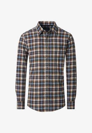 Heren overhemd met lange mouwen in ruitpatroon met bruin, blauw en wit, met een knoopsluiting en een borstzak. Katoenen stof met een zachte textuur.