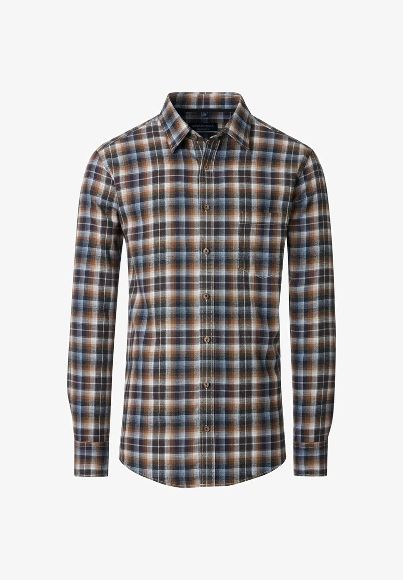 Męska koszula w kratę z długim rękawem w brązowym, niebieskim i białym wzorze, z kołnierzykiem zapinanym na guziki i kieszonką na piersi. Bawełnowy materiał o miękkiej teksturze.