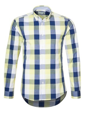 Camisa de cuadros para hombre en algodón, con grandes cuadros en azul marino, azul claro, amarillo y verde, cuello abotonado y dobladillo curvado.