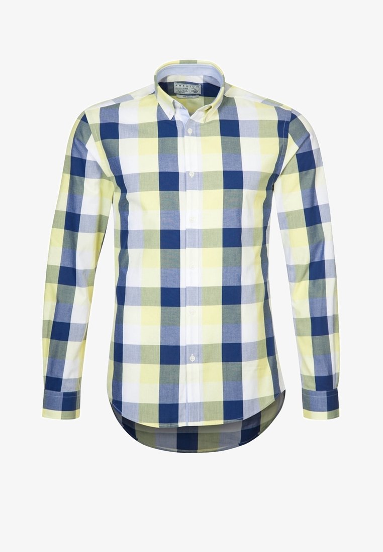 Camicia a quadri da uomo in cotone, con grandi quadrati blu navy, azzurro chiaro, giallo e verde, colletto button-down e orlo curvo.