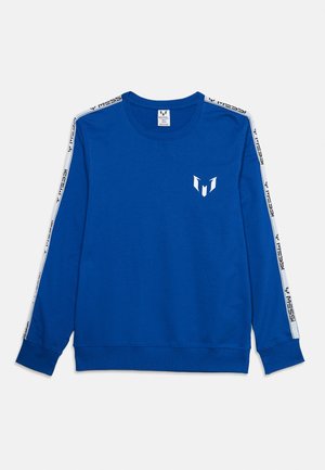 Blå langermet sweatshirt med hvit Messi-logo på brystet og hvite striper med «Messi»-tekst langs ermene.