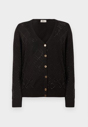Black cardigan with a V-neck, featuring a diamond pattern and gold buttons. Soft knit texture with ribbed cuffs and hem.