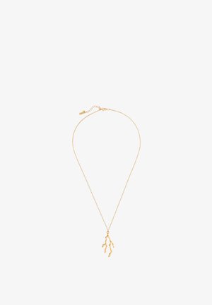 Fijne gouden ketting met een takvormige hanger met kleine uitlopers, sluiting en verstelbaar kettingeind zichtbaar.