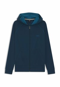 Felpa con zip blu marina, con cappuccio foderato in teal, tasche frontali, polsini a costine e dettagli sottili del logo. Realizzata in tessuto morbido e liscio.