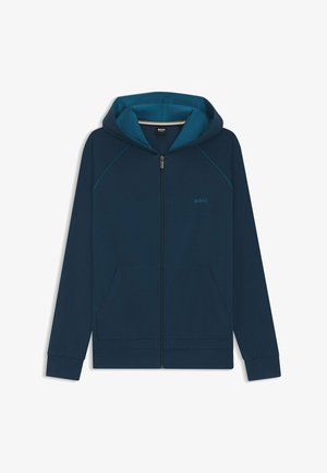 Marineblauer Zip-Hoodie mit kapuze in Türkis, Fronttaschen, gerippten Bündchen und dezentem Logo-Detail. Hergestellt aus weichem, glattem Stoff.