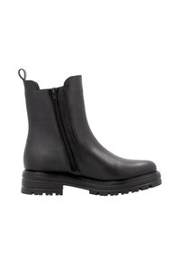 Black leather ankle boot with a side zipper, round toe, and a sturdy textured rubber sole. Features a pull tab for easy wear.