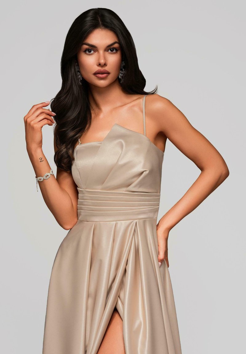 sachin and babi light blue dress Leely Women Gold Satin Maxi Corset Prom Dress with Slit Mermaid Ruched  Spaghetti Straps Evening Dress with Beading – leelyuk main image 1