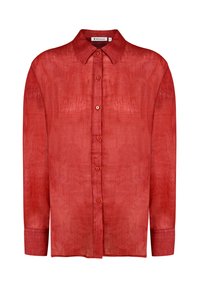 Red linen shirt featuring a button-up front, classic collar, and long sleeves with a relaxed fit. Smooth texture with a subtle sheen.