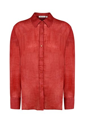 Red linen shirt featuring a button-up front, classic collar, and long sleeves with a relaxed fit. Smooth texture with a subtle sheen.