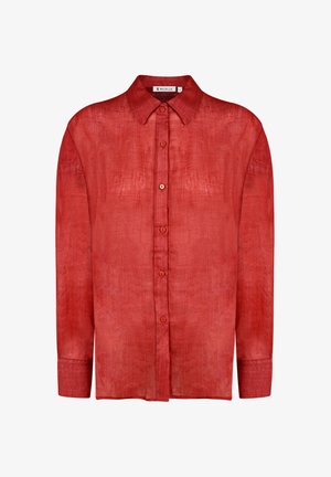 Rotes Leinenhemd mit Knopfleiste, klassischem Kragen und langen Ärmeln in lockerer Passform. Glatte Textur mit dezentem Glanz.