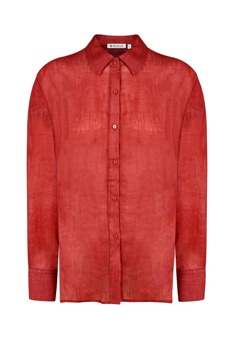 Red linen shirt featuring a button-up front, classic collar, and long sleeves with a relaxed fit. Smooth texture with a subtle sheen.