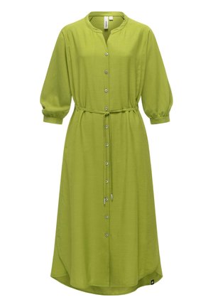 Robe midi vert clair avec des boutons sur le devant, des manches trois-quarts bouffantes, un col rond et une fine ceinture nouée à la taille.