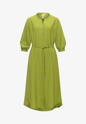 Lichtgroene midi-jurk met knopen aan de voorkant, driekwart pofmouwen, ronde halslijn en een dun ceintuur op de taille.