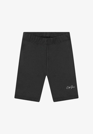 Zwarte katoenen shorts met een elastische tailleband, voorzien van een wit logo aan de onderkant aan de linkerkant en een eenvoudige, gladde textuur.