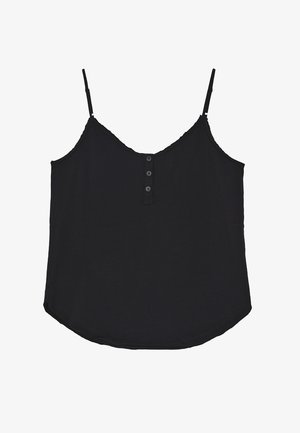 Top negro sin mangas con tirantes finos ajustables y tres pequeños botones en el centro delantero.