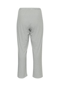 Pantalon court rayé noir et blanc avec une ceinture élastique. Fabriqué en tissu doux et léger avec une texture lisse.