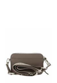 Sac bandoulière en cuir gris avec fermeture éclair, doté d'une sangle amovible et d'un subtil détail de surpiqûre en haut. Texture lisse et design compact.