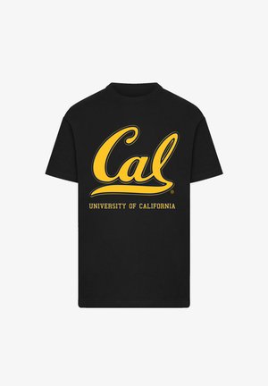 Schwarz Baumwoll-T-Shirt mit gelber kursiver "Cal" und dem Text "UNIVERSITY OF CALIFORNIA" darunter, Rundhals und kurzen Ärmeln.