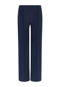 Marineblauwe wijde broek met een gladde textuur, voorzien van verticale naden aan de voorkant voor een op maat gemaakte uitstraling en een elastische tailleband.