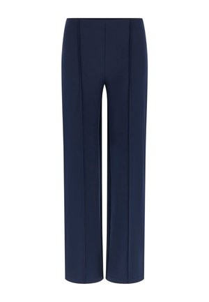 Marineblaue, weit geschnittene Hose mit glatter Textur, die vertikale Nähte an der Vorderseite für einen maßgeschneiderten Look sowie einen elastischen Bund aufweist.