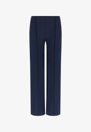 Marineblaue, weit geschnittene Hose mit glatter Textur, die vertikale Nähte an der Vorderseite für einen maßgeschneiderten Look sowie einen elastischen Bund aufweist.