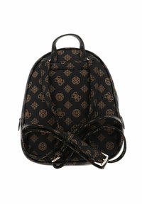 Sac à dos noir avec un motif en bronze, doté de bretelles réglables, d'une poignée sur le dessus et d'une forme arrondie pour un design compact.