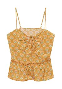Camiseta sin mangas de patrón floral amarillo con tirantes ajustables, escote fruncido y dobladillo con volantes. Presenta detalles de acento en azul claro.