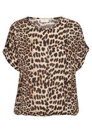 Kortärmad topp i lätt tyg med en beige bakgrund och svart och brunt leopardmönster. Rund hals och avslappnad passform.