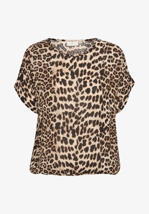 Short-sleeve top in lightweight fabric featuring a beige background with black and brown leopard print pattern. Round neck and relaxed fit.
