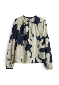 Langarm blouse met marineblauw en beige abstract bloemmotief, ronde halslijn en kleine knoopsluiting aan de voorkant.