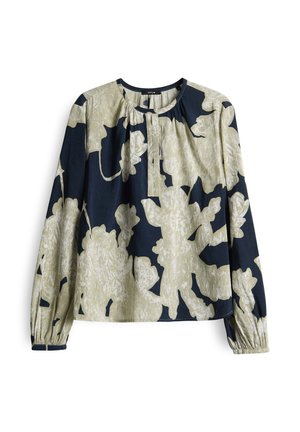 Langarmbluse mit navy- und beigen abstrakten Blumenmuster, Rundhalsausschnitt und kleiner Knopfleiste vorne.