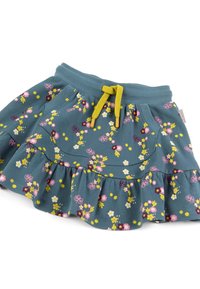Jupe bleue pour tout-petit avec cordon jaune, poches avant, ourlet à volants et motif imprimé multicolore de fleurs et de papillons.