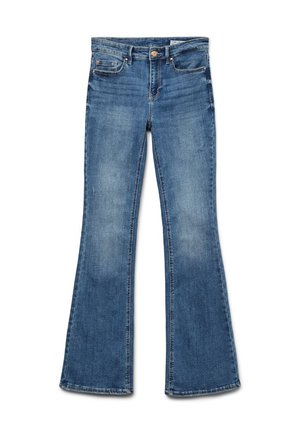 Flared blue denim jeans with a mid-rise waist, featuring a clean finish, faded texture, and traditional five-pocket design.