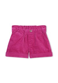 Shorts en velours côtelé rose avec une taille élastique, des poches avant et des ourlets retroussés. Dotés d'un détail de bouton argenté sur la taille.