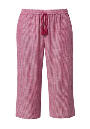 Roze cropped broek met witte verticale strepen, elastische tailleband en vooraan trekkoord met kwastjes.