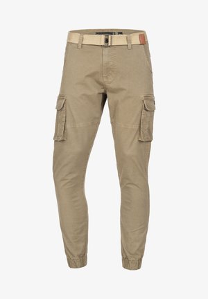 Kaki cargo bukser med smalnede ben, elastiske manchetter, flere sidelommer og bælte. Fremstillet af et slidstærkt bomuldsblandingsmateriale.