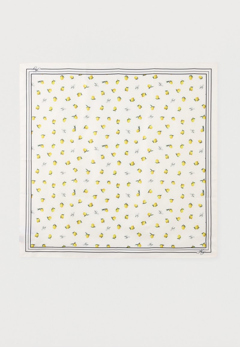 Λευκό τετράγωνο μαντήλι με μικρά κίτρινα μοτίβα λεμονιών και κείμενο «Hugo» σε μαύρη καλλιγραφική γραφή, περιτριγυρισμένο από λεπτό διπλό μαύρο περίγραμμα.