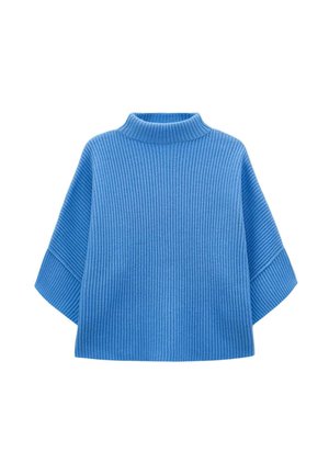 Blue ribbed knit pullover with a high neck, wide sleeves, and a relaxed fit. Soft texture and consistent color throughout.